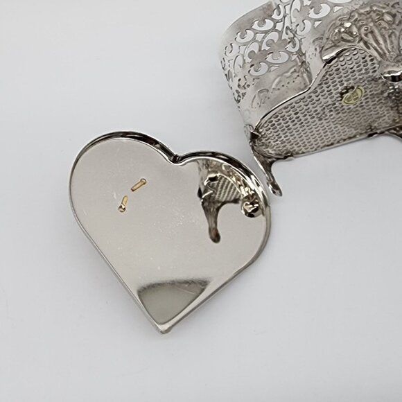 Silver Plated Heart Shaped Trinket Jewelry Box Filigree Brass Rose Lid VTG - Picture 9 of 9